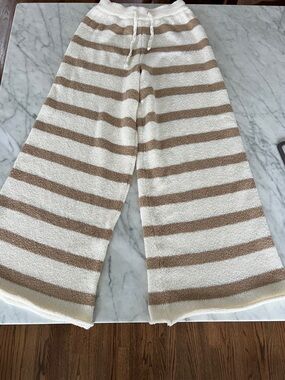 Kids Striped Cream and Brown Cozy Wide-Leg Lounge Pants